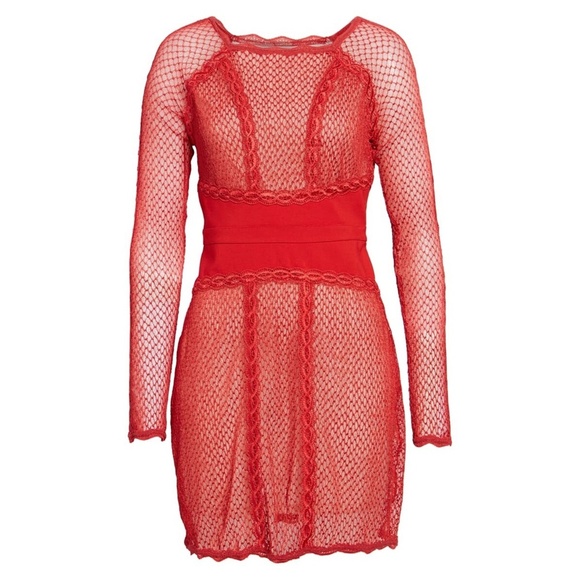 NWT FREE PEOPLE | Lace Mesh Bodycon Embroidered Mini Dress in Cherry | Size XS - Picture 1 of 9